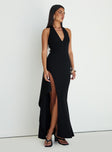 front view of model wearing Princess Polly Guisefene Halter Maxi Dress Black V-Neck 