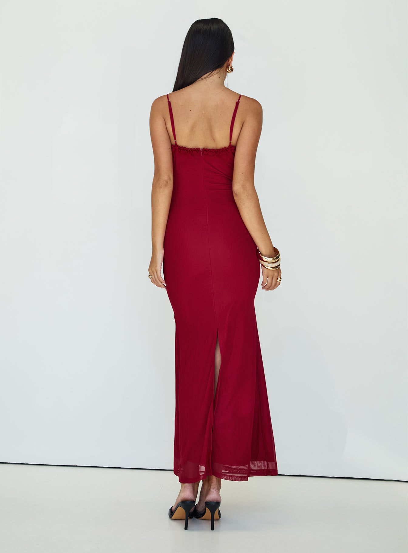 back view of model wearing Princess Polly Capisce Maxi Dress Red Petite Sweetheart Neckline 