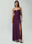 side view of model wearing Princess Polly Barbarella Strapless Maxi Dress Purple Sweetheart Neckline 