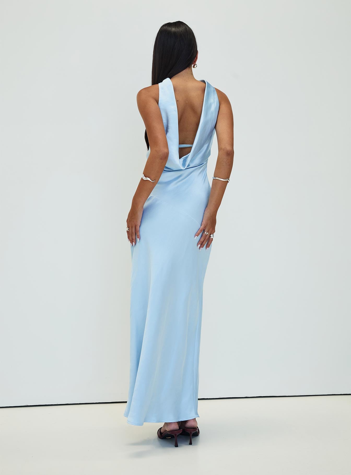 back view of model wearing Princess Polly Legacies Strapless Maxi Dress Icy Blue Petite Straight Neck 