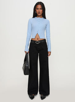 back view of model wearing Princess Polly Suzu Long Sleeve Top Blue Full Sleeves Crew Neck 