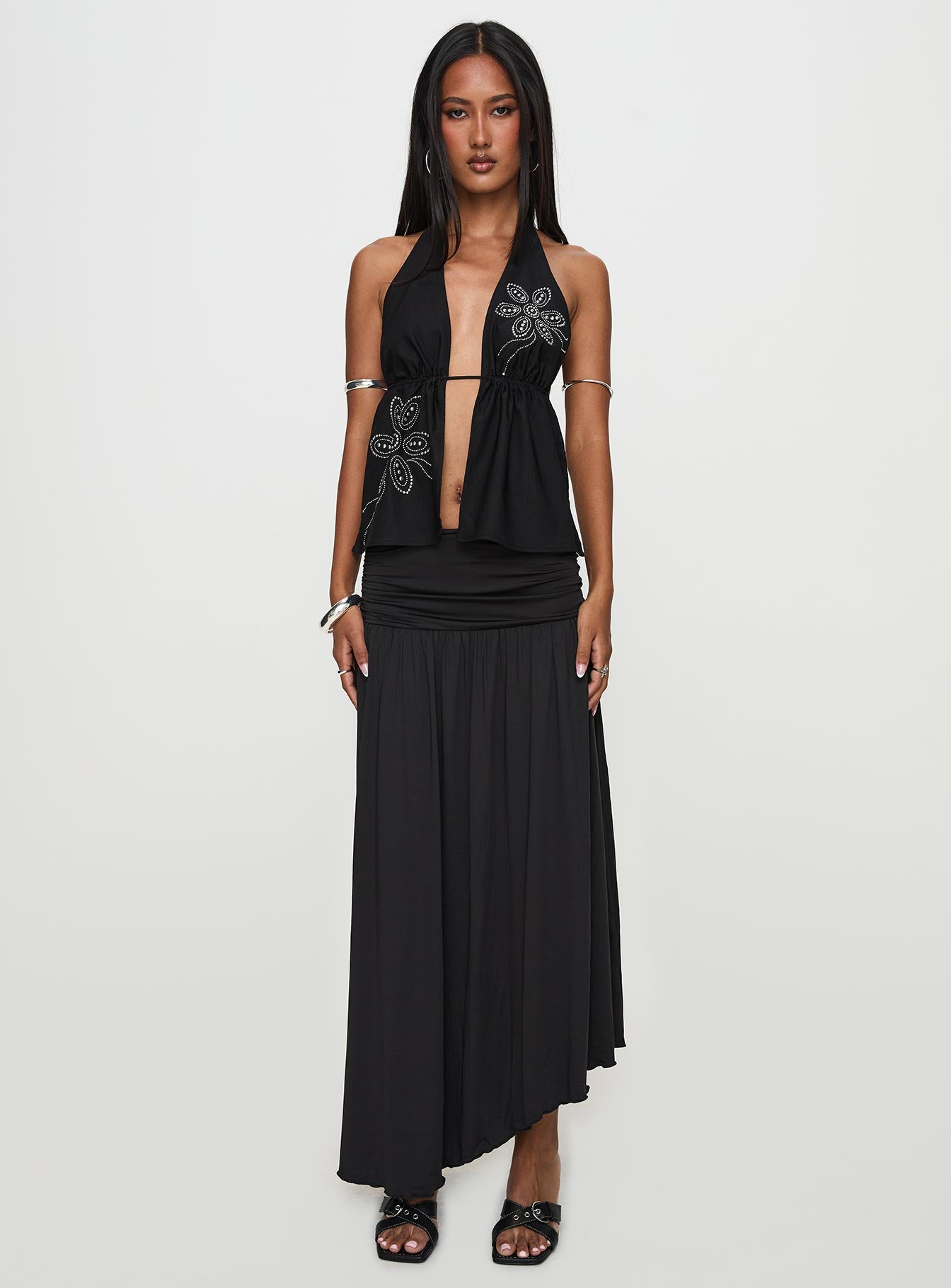   front view of model wearing Princess Polly Gezabele Asymmetrical Maxi Skirt Black Maxi 