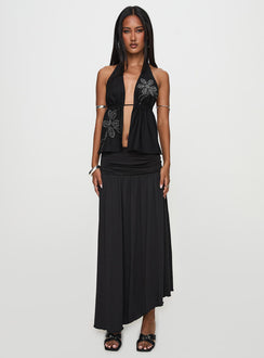   front view of model wearing Princess Polly Gezabele Asymmetrical Maxi Skirt Black Maxi 