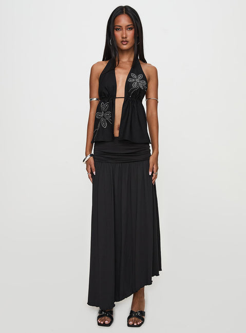   front view of model wearing Princess Polly Gezabele Asymmetrical Maxi Skirt Black Maxi 