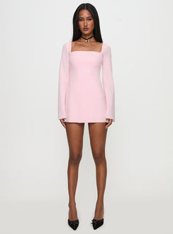 side view of model wearing Princess Polly Bombshell Long Sleeve Mini Dress Pink Square Neck 