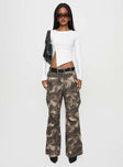 front view of model wearing Princess Polly Mischief Camo Pants Green Low Rise Pants 