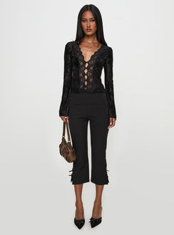 front view of model wearing Princess Polly Find An Angel Long Sleeve Lace Trim Top Black Full Sleeves Plunger 