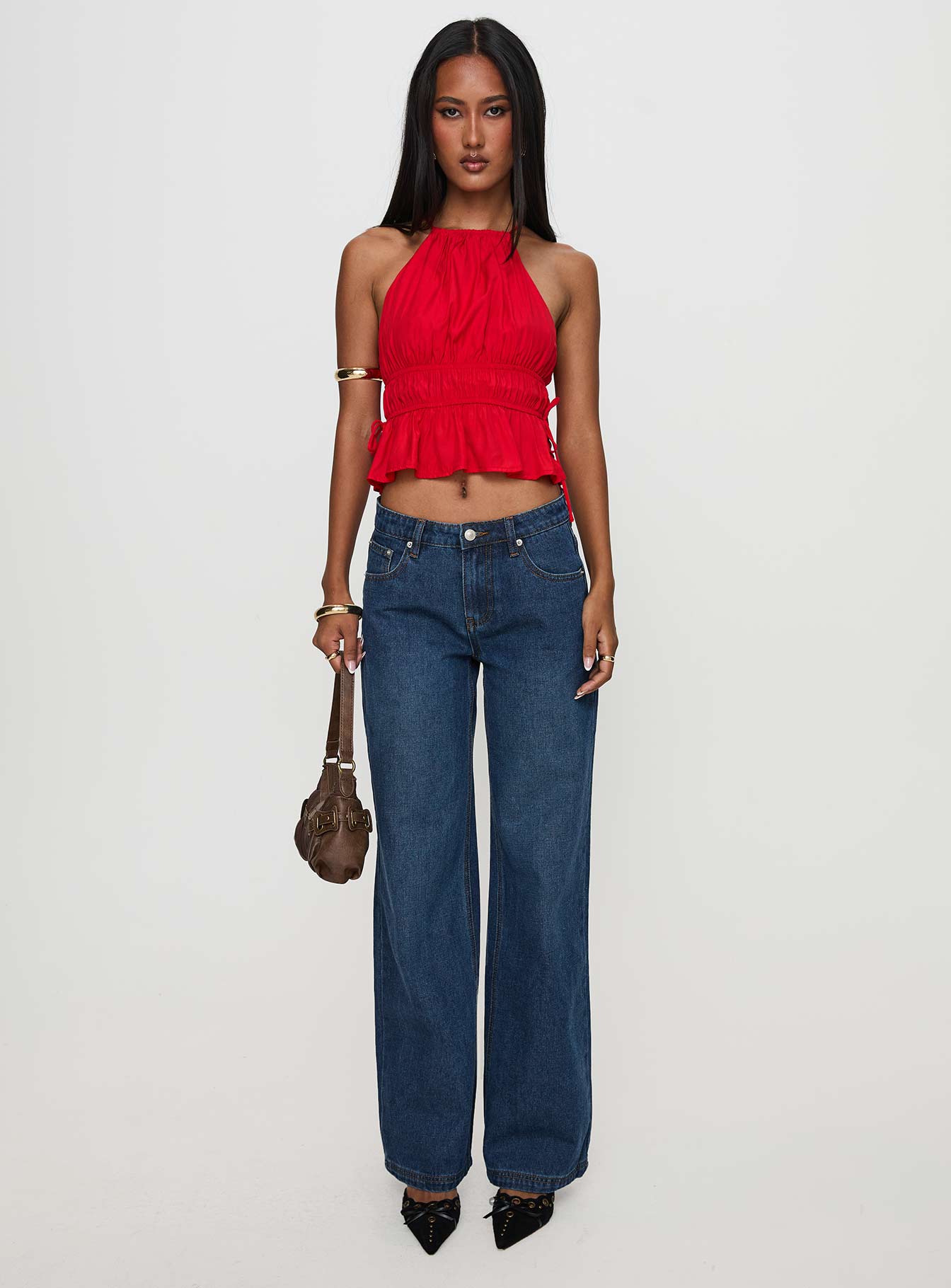 front view of model wearing Princess Polly Rozier Top Red Sleeveless High Neck 