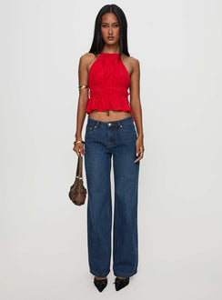 front view of model wearing Princess Polly Rozier Top Red Sleeveless High Neck 