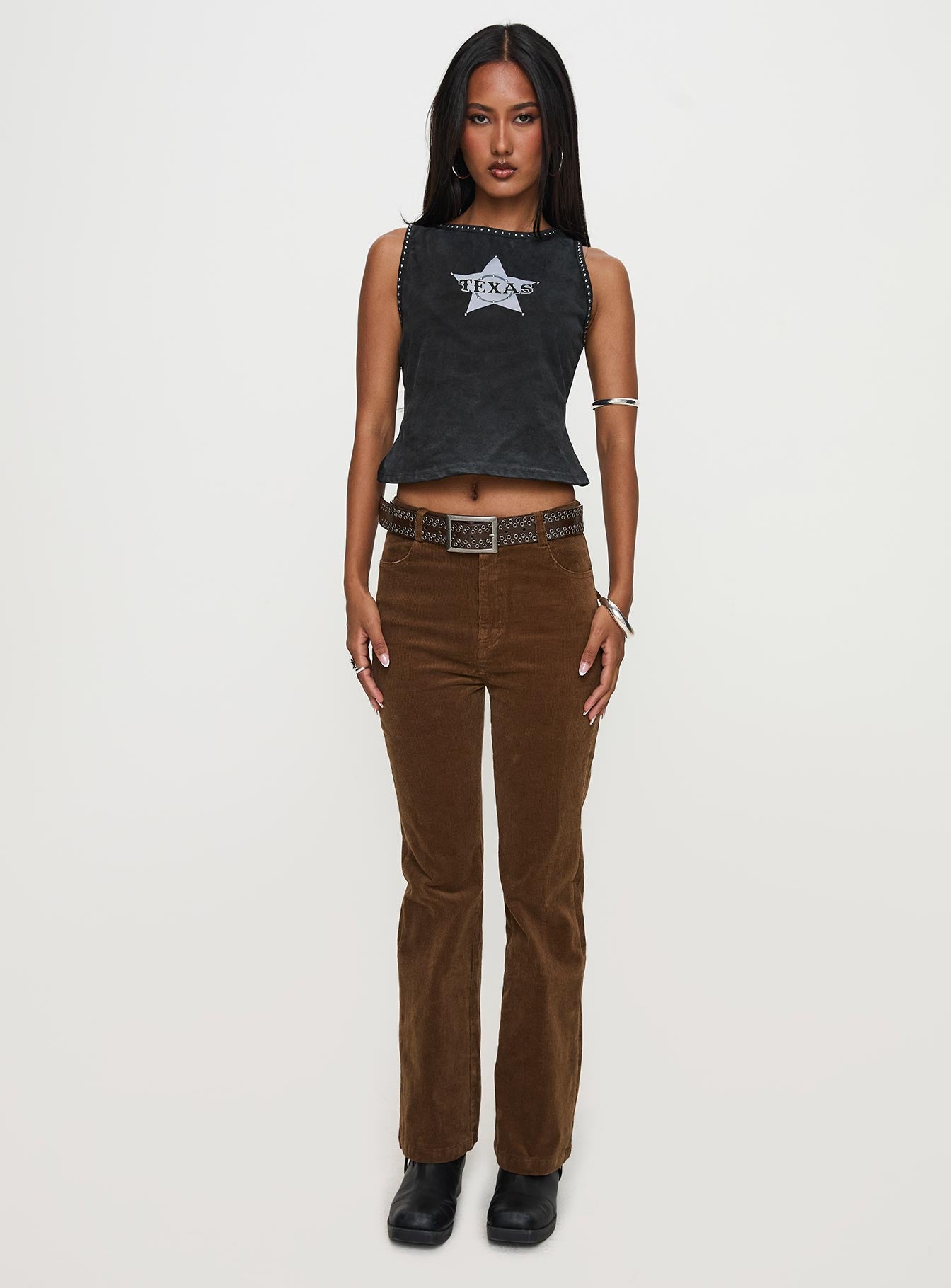 front view of model wearing Princess Polly Feature Pants Brown High Waisted Pants 