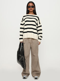 front view of model wearing Princess Polly Elenita Wide Neck Knit Sweater Black / White Long 