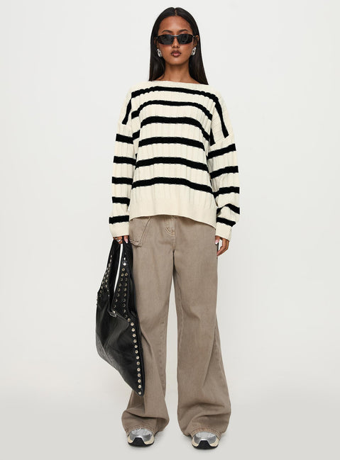 front view of model wearing Princess Polly Elenita Wide Neck Knit Sweater Black / White Long 