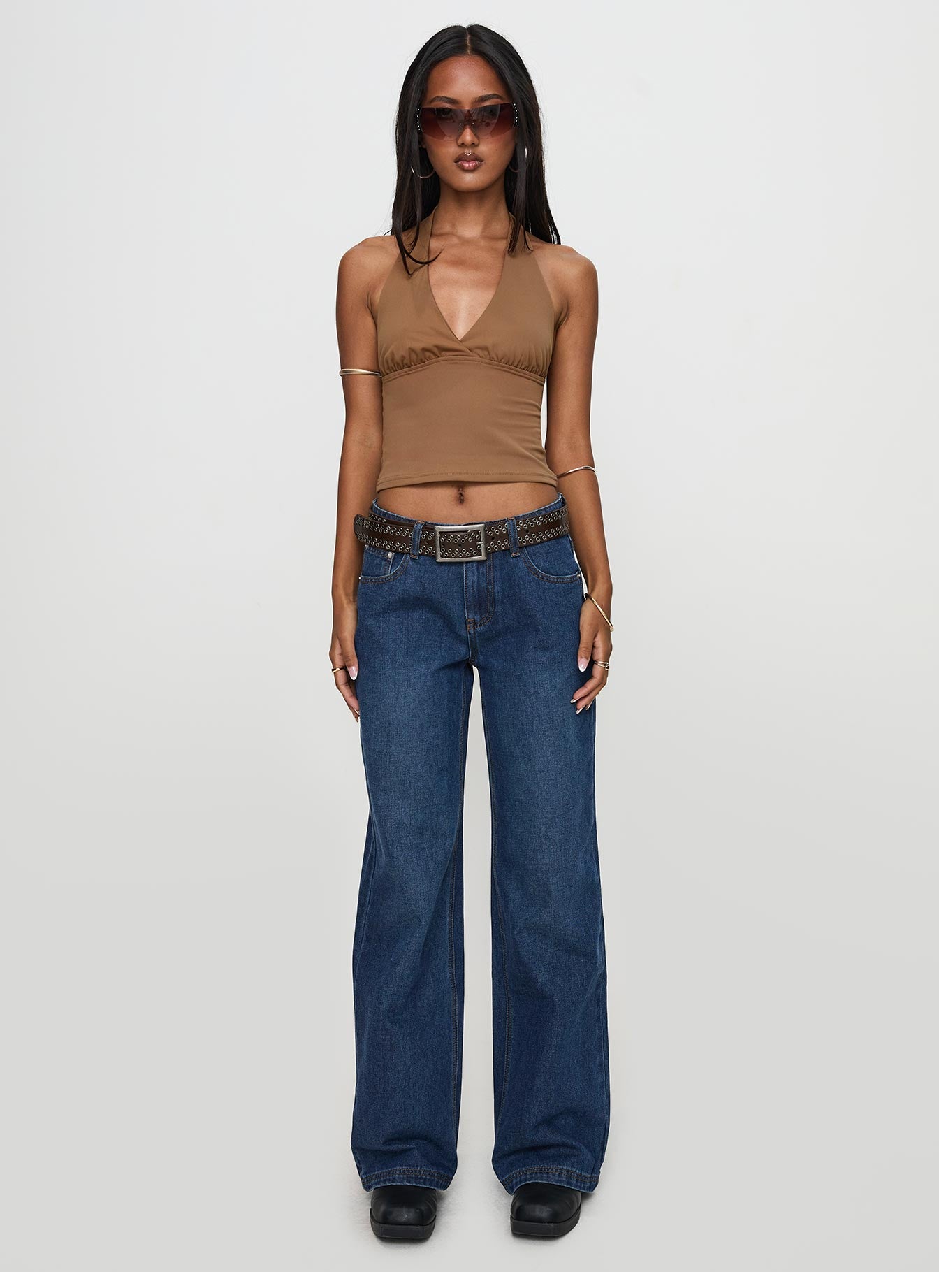 front view of model wearing Princess Polly Everlong Jean Dark Blue Wash Mid Rise 