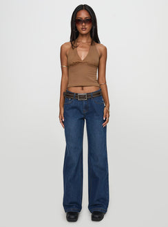 front view of model wearing Princess Polly Everlong Jean Dark Blue Wash Mid Rise 