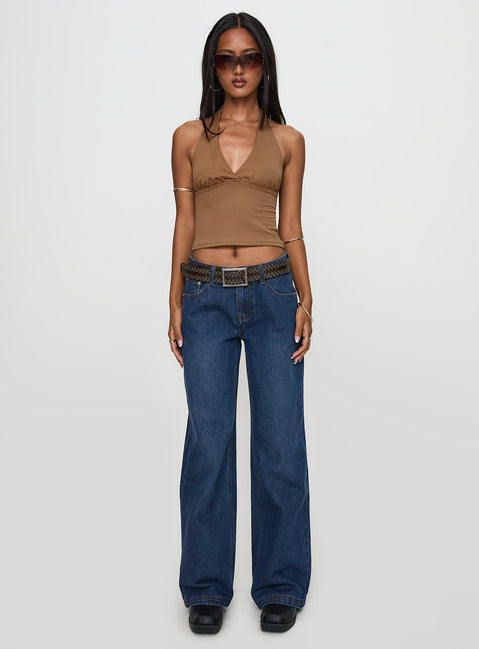 front view of model wearing Princess Polly Everlong Jean Dark Blue Wash Mid Rise 