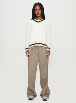 back view of model wearing Princess Polly Federation V Neck Knit Sweater White Long 