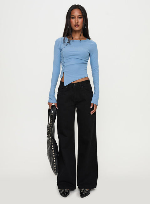 side view of model wearing Princess Polly Baseline Rib Long Sleeve Top Blue Full Sleeves Crew Neck 