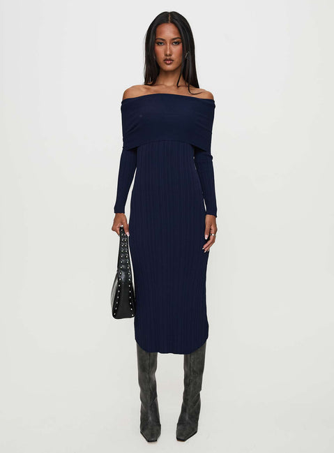 front view of model wearing Princess Polly Flisse Long Sleeve Rib Maxi Dress Navy Straight Neck 