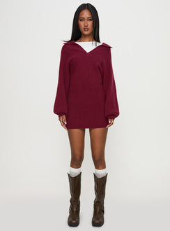 front view of model wearing Princess Polly Thorelle Sweater Mini Dress Burgundy V-Neck 