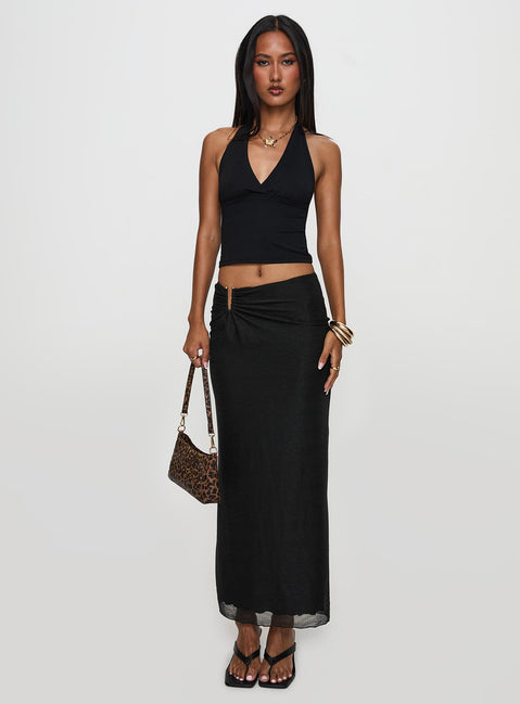   side view of model wearing Princess Polly Satine Maxi Skirt Black Maxi 