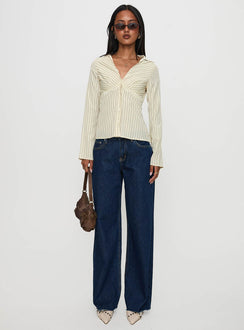 back view of model wearing Princess Polly Life Begins Long Sleeve Lace Trim Top Cream Stripe Full Sleeves V-Neck 