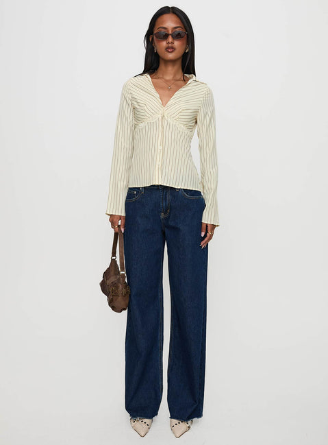 back view of model wearing Princess Polly Life Begins Long Sleeve Lace Trim Top Cream Stripe Full Sleeves V-Neck 