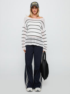 front view of model wearing Princess Polly Alperton Knit Sweater Cream Stripe Long 
