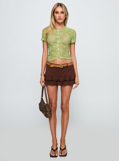 back view of model wearing Princess Polly Lindy Button Up Sheer Top Green Short Sleeves Crew Neck 