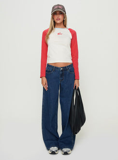 back view of model wearing Princess Polly Racing Star Long Sleeve Top Red Full Sleeves Crew Neck 