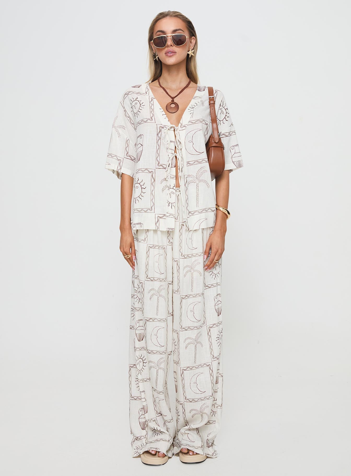 back view of model wearing Princess Polly Sun Dream Shirt Cream / Multi Half Sleeves Plunger 