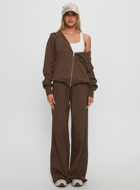 front view of model wearing Princess Polly All Day Straight Leg Sweatpants Chocolate Brown High Rise Pants 