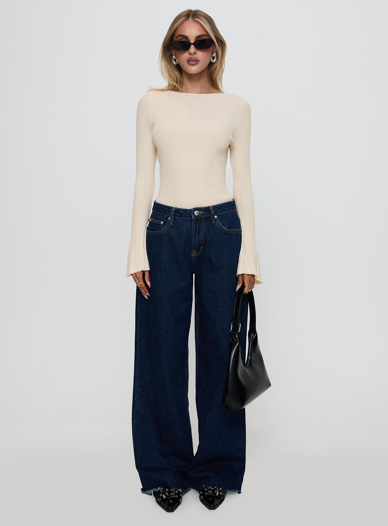 side view of model wearing Princess Polly Mayok Long Sleeve Bodysuit Beige Full Sleeves 