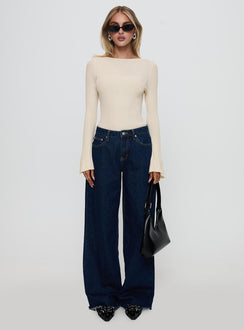 side view of model wearing Princess Polly Mayok Long Sleeve Bodysuit Beige Full Sleeves 