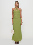 back view of model wearing Princess Polly Eleganza Maxi Skirt Green Maxi 