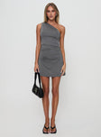 front view of model wearing Princess Polly Wazabi One Shoulder Mini Dress Slate Grey Asymmetric Neckline 