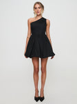 front view of model wearing Princess Polly Debut Bubble Hem Mini Dress Black Asymmetric Neckline 