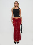   front view of model wearing Princess Polly Lombardio Lace Maxi Skirt Burgundy Maxi 