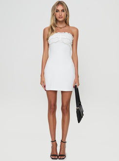 front view of model wearing Princess Polly Khaos Strapless Mini Dress White Straight Neck 