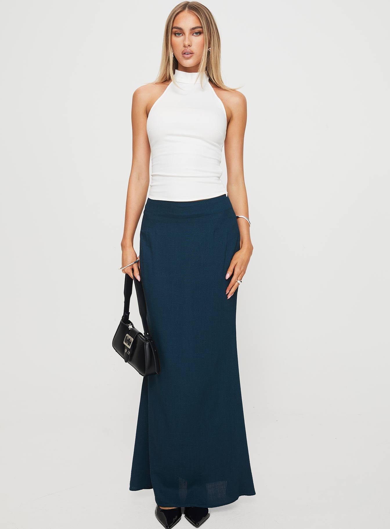   front view of model wearing Princess Polly Sophia Maxi Skirt Navy Maxi 
