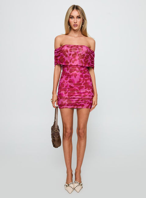 front view of model wearing Princess Polly Hotseat Off The Shoulder Mini Dress Pink Straight Neck 