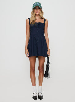 side view of model wearing Princess Polly Wait For You Mini Dress Navy Square Neck 