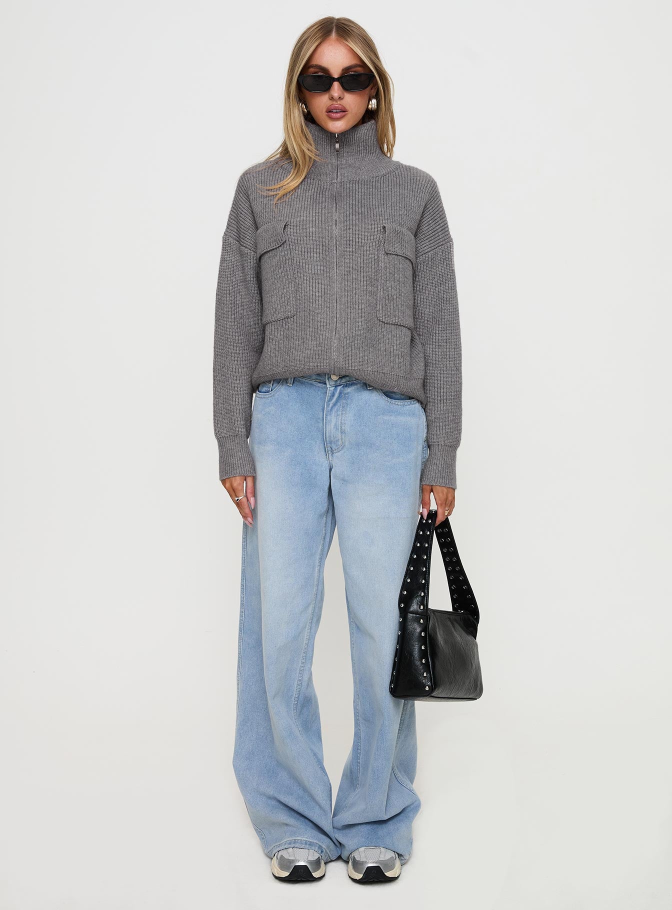 back view of model wearing Princess Polly Too Busy Zip Up Sweater Grey Cropped 