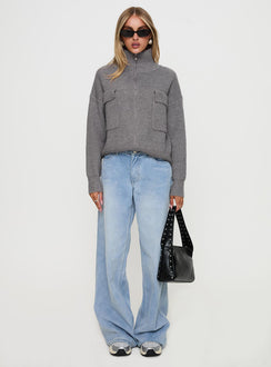 back view of model wearing Princess Polly Too Busy Zip Up Sweater Grey Cropped 