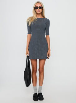 Evyna Boat Neck 3/4 Sleeve Mini Dress Navy Stripe