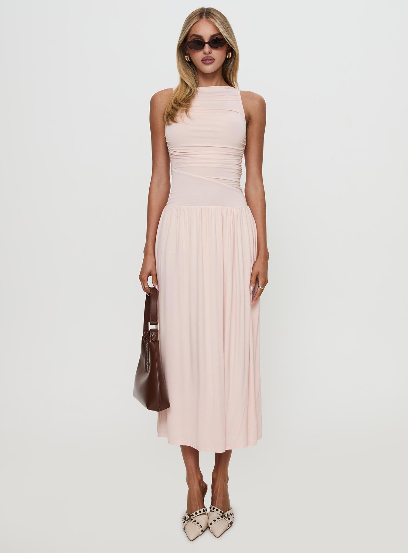 front view of model wearing Princess Polly Reveur Ruched Maxi Dress Pink High Neck 