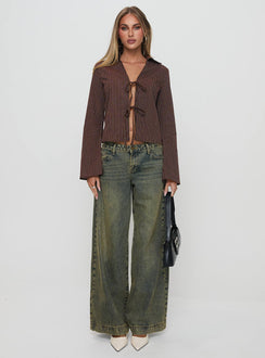 back view of model wearing Princess Polly Rozetti Long Sleeve Top Brown Stripe Full Sleeves V-Neck 