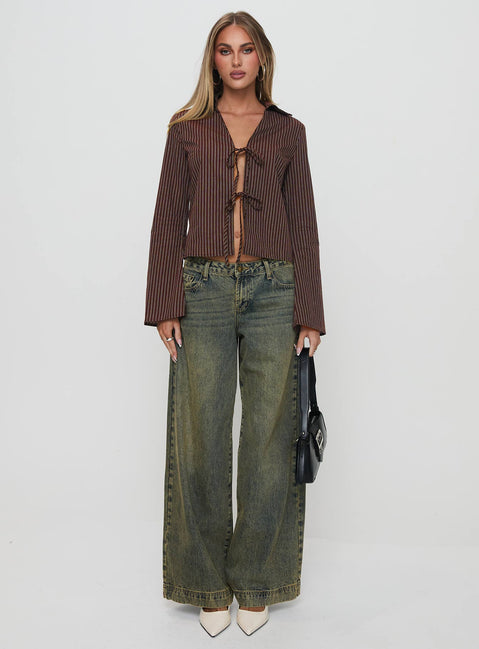 back view of model wearing Princess Polly Rozetti Long Sleeve Top Brown Stripe Full Sleeves V-Neck 