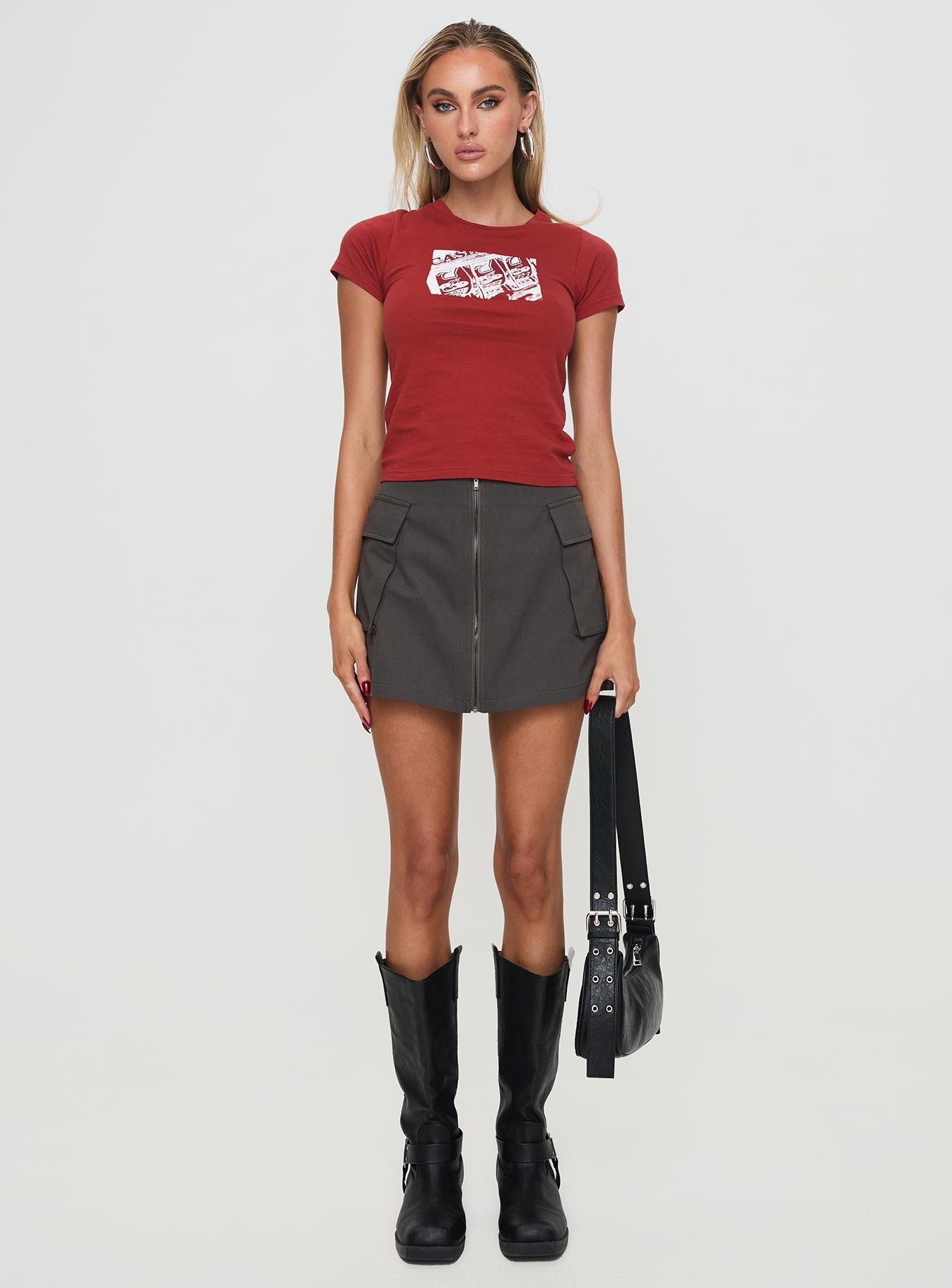   front view of model wearing Princess Polly Pacheco Cargo Mini Skirt Charcoal Mini Skirts 