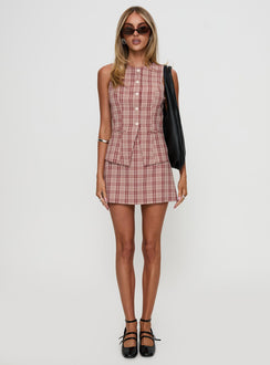 front view of model wearing Princess Polly Theodosia Top Red Check Sleeveless Crew Neck 