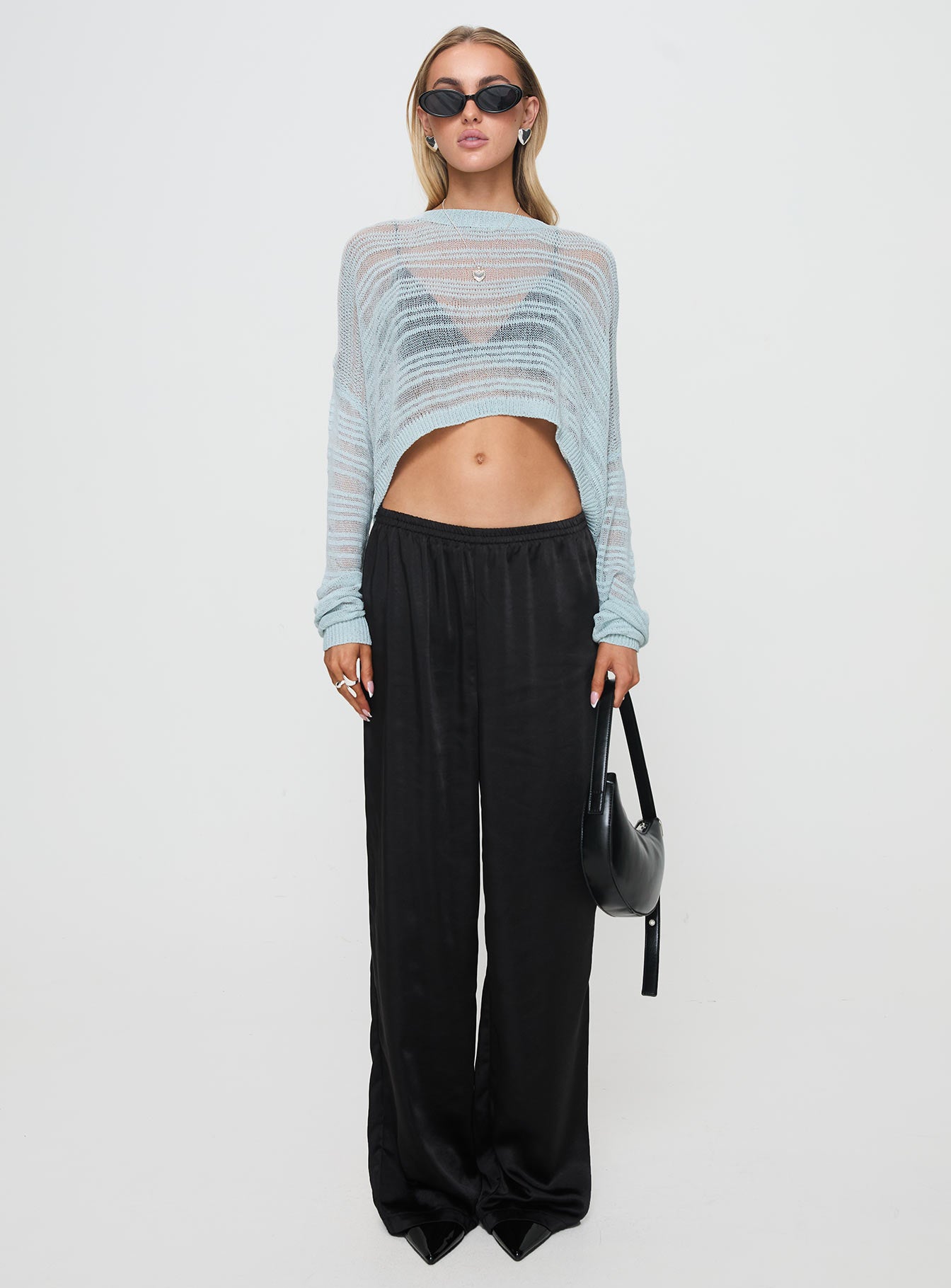 front view of model wearing Princess Polly Obarik Cropped Sweater Blue Cropped 